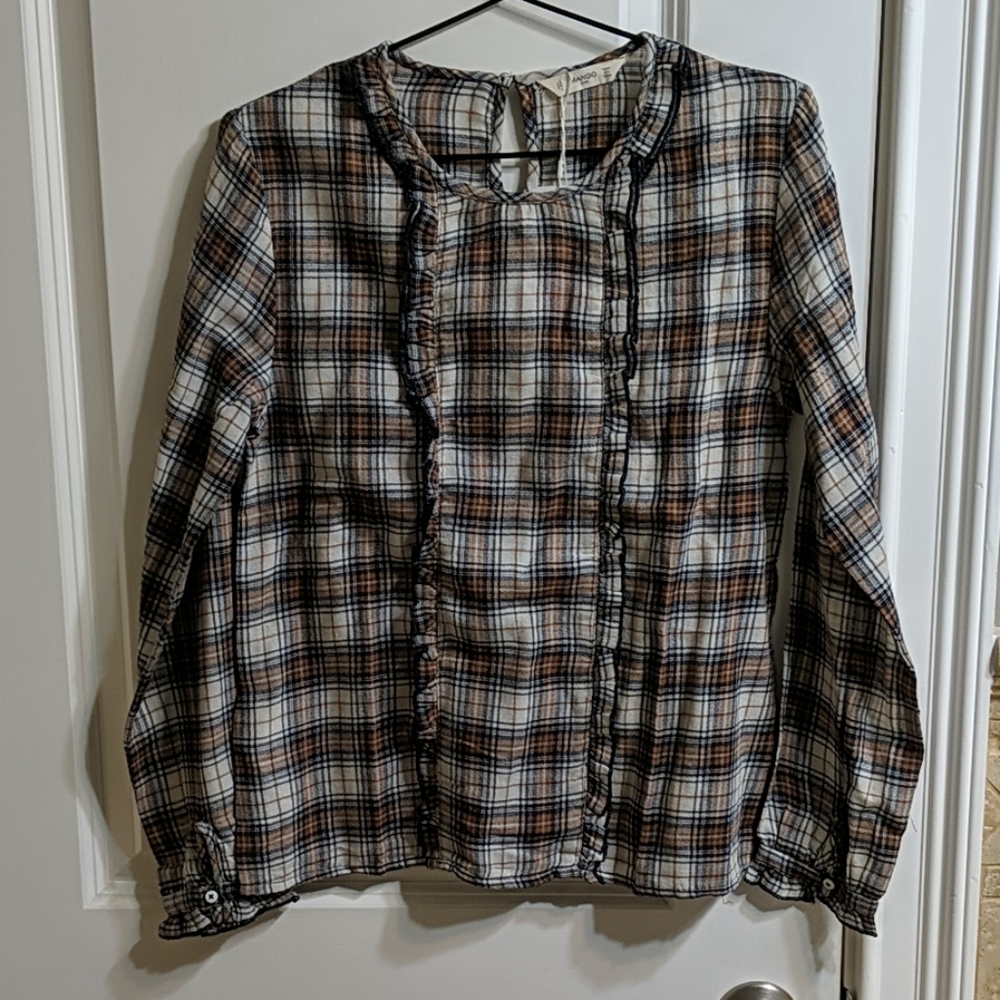 Mango Girls Plaid long sleeve frills top